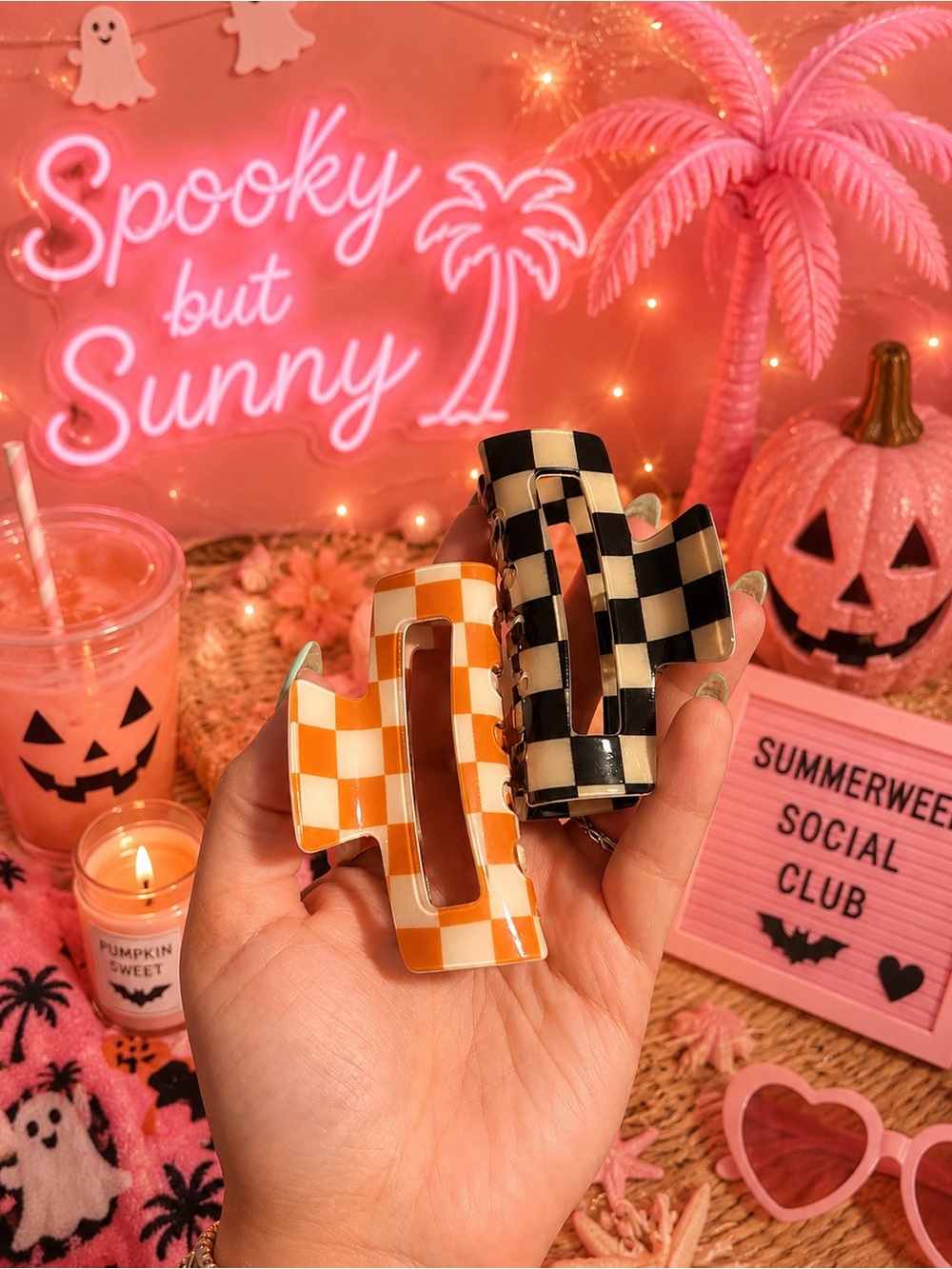 Checkered Hair Clips - Black and Orange